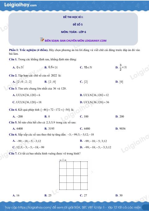 Đề thi học kì 1 Toán 6 - Đề số 5 - Chân trời sáng tạo